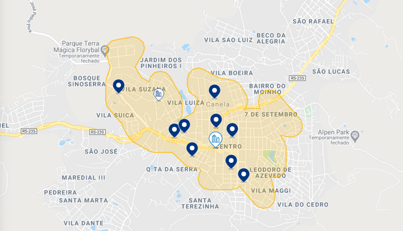 Mapa das melhores regiões para se hospedar em Canela